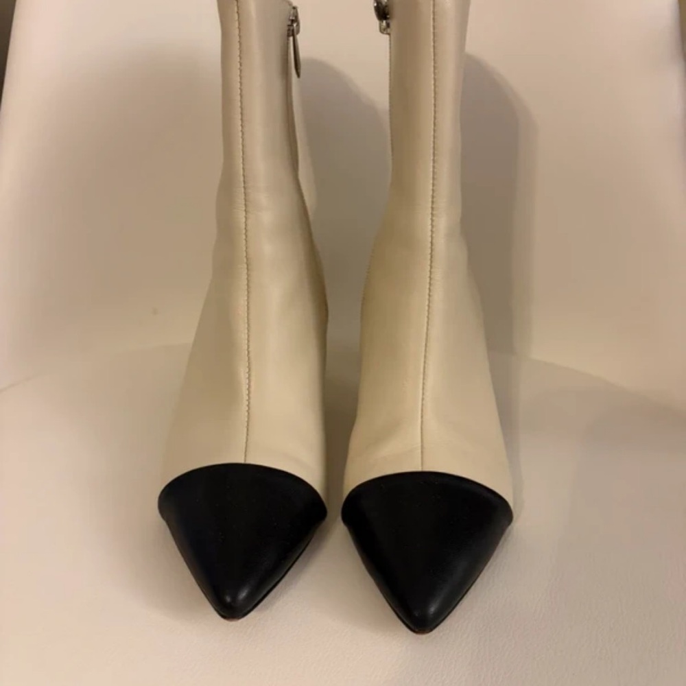 Adrienne Vittadini Cream Ankle Boots with Black Cap Toe